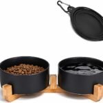 Petygooing Ceramic Dog Cat Bowls Set with Stand,Black Pet Food and Water Bowl,Small Dog Bowls Cute Modern Anti Slip Set of 2 Pet Feeder Small Size Pet Dish(13.5OZ/5.1 in)