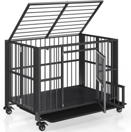 Polar Aurora Heavy Duty Dog Crate, Foldable Indestructible Dog Kennel, Escape Proof Extra Large Dog Cage with Lockable Wheels, High Anxiety Pet Playpen with Double Door for Indoor/Outdoor Use. (43in)