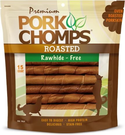 Pork Chomps Roasted Pork Skin Dog Chews, Long Lasting 6in Twists, 15 Count