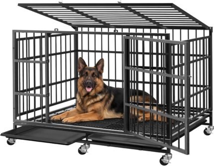 Powools 42 Inch Heavy-Duty Dog Crate Indestructible with Double Door