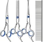 Professional 4 in 1 Dog & Cat Grooming Scissors Kit with Safety Round Tips,Sharp & Durable,Dog Shears for Grooming - Includes Straight, Curved, Thinning Scissors and Comb - Premium Pet Supplies