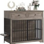 QUW 42″ Modern Dog Crate Furniture, Wooden Dog Kennel, Grey
