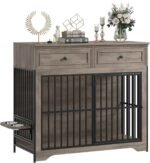 QUW 42" Modern Dog Crate Furniture, Wooden Dog Kennel, Grey
