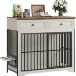 QUW 42″ Modern Dog Crate Furniture, Wooden Dog Kennel for Medium to Large with 360° Rotating & 3-Levels Adjustable Height Dogs Bowl Holder, Decorative Dogs cage Pet House Indoor, Antique White