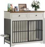 QUW 42" Modern Dog Crate Furniture, Wooden Dog Kennel for Medium to Large with 360° Rotating & 3-Levels Adjustable Height Dogs Bowl Holder, Decorative Dogs cage Pet House Indoor, Antique White