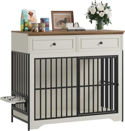 QUW 42" Modern Dog Crate Furniture, Wooden Dog Kennel for Medium to Large with 360° Rotating & 3-Levels Adjustable Height Dogs Bowl Holder, Decorative Dogs cage Pet House Indoor, Antique White