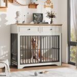 QUW 42" Modern Dog Crate Furniture, Wooden Dog Kennel for Medium to Large with 360° Rotating & 3-Levels Adjustable Height Dogs Bowl Holder, Decorative Dogs cage Pet House Indoor, Antique White - Image 2