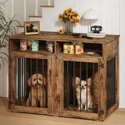 REVOMINCA 41″ Dog Crate Furniture with Removable Divider, Rustic Brown
