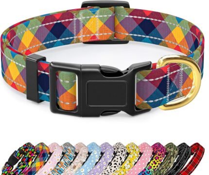 Reflective Adjustable Dog Collar for Medium Dogs, Colorful Tartan,M