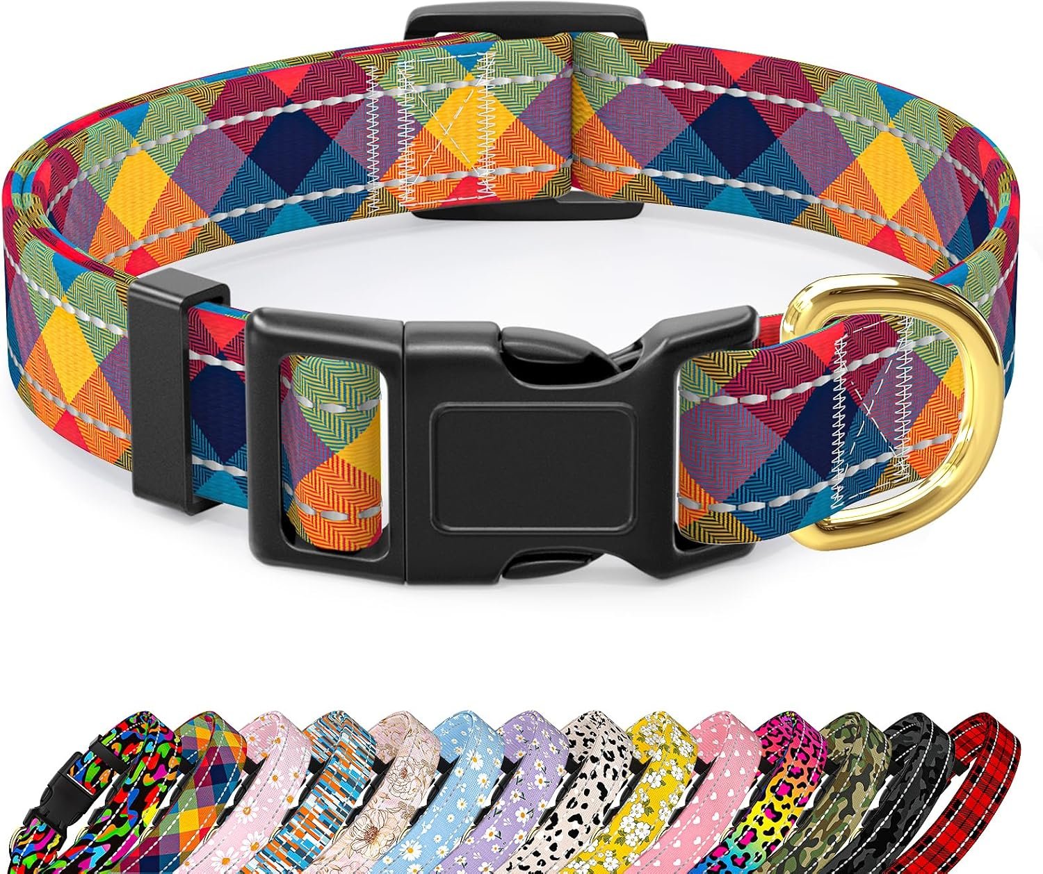 Reflective Adjustable Dog Collar for Medium Dogs, Colorful Tartan,M Reflective Adjustable Dog Collar for Medium Dogs, Colorful Tartan,M