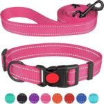 Reflective Dog Collar and Leash Set with Safety Locking Buckle Nylon Pet Collars Adjustable for Small Medium Large Dogs 3 Sizes(Hotpink&S)