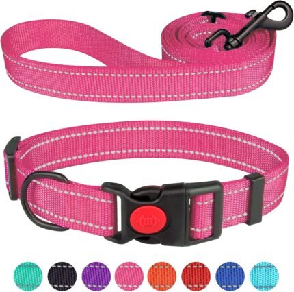 Reflective Dog Collar and Leash Set with Safety Locking Buckle Nylon Pet Collars Adjustable for Small Medium Large Dogs 3 Sizes(Hotpink&S)