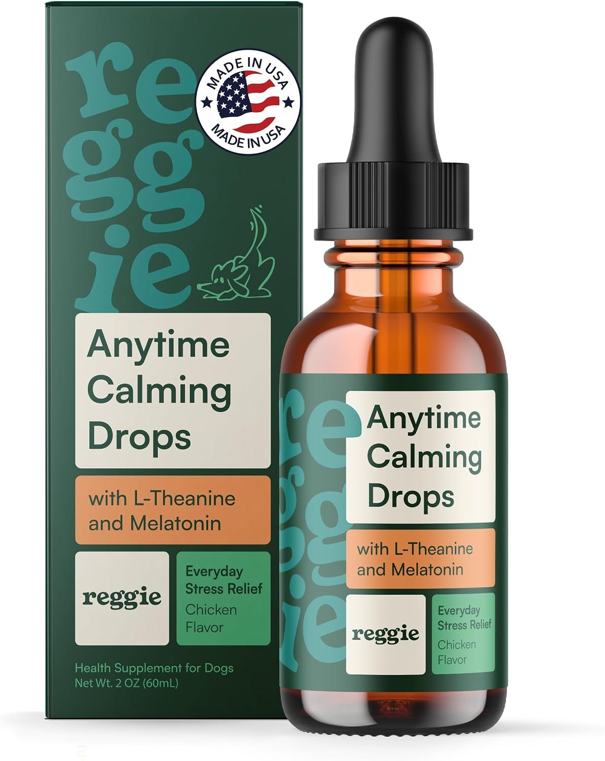 Reggie Anytime Calming Drops for Dogs | Dog Anxiety Relief with L-Theanine, Melatonin, GABA & Chamomile | Fast-Acting Calming Support for Stress, Separation Anxiety, Travel & Thunderstorms | 2 fl oz Reggie Anytime Calming Drops for Dogs | Dog Anxiety Relief with L-Theanine, Melatonin, GABA & Chamomile | Fast-Acting Calming Support for Stress, Separation Anxiety, Travel & Thunderstorms | 2 fl oz