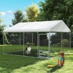 Rovibek 10×10 Ft Dog Kennel Outside, Outdoor Dog Kennel with Roof, Dog Kennels Outdoor with Steel Rotating Feeder Bowls, Outside Kennel for Large Dogs