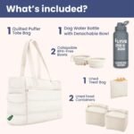 Rubyloo Dog Mom Essentials Bundle – Puffer Tote with Storage Containers (Beige) and 32 oz Water Bottle with Detachable Bowl (I Love My Dog) – Travel Bag and Hydration Set