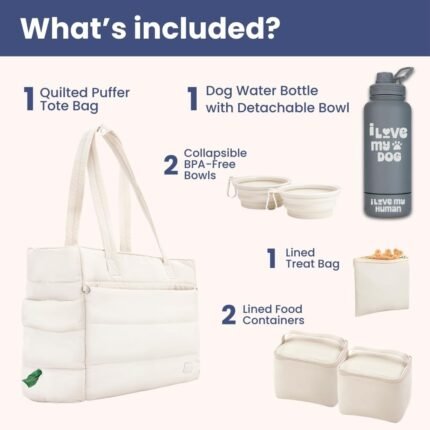 Rubyloo Dog Mom Essentials Bundle – Puffer Tote with Storage Containers (Beige) and 32 oz Water Bottle with Detachable Bowl (I Love My Dog) – Travel Bag and Hydration Set