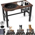 SHAINFUN Elevated Dog Bowls with Slow Feeder & Mat for Medium and Large Dogs, 12″ Tall Adjustable Wooden & Metal Raised Dog Bowl Stand, 2 Stainless Steel 58oz Bowls for Food & Water