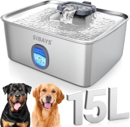 SIBAYS Large Dog Water Fountain, 4Gal/15L Large Capacity Stainless Steel Dog Water Bowl Dispenser for Large Dogs & Multi-Pet, Ultra Quiet Automatic Pet Water Fountain with Water Window& LED Light FS76