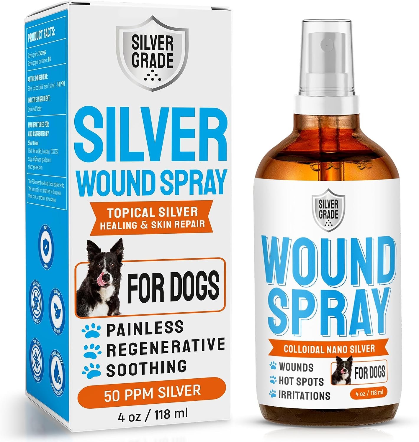 SILVER GRADE Dog Wound Spray Helps with Hot Spots, Irritations, Bites, Burns, Rashes, Itch, Scratching – Better Use with a Dog Cone to Stop Licking – Safe for Large and Small Breeds – 4 oz SILVER GRADE Dog Wound Spray Helps with Hot Spots, Irritations, Bites, Burns, Rashes, Itch, Scratching – Better Use with a Dog Cone to Stop Licking – Safe for Large and Small Breeds – 4 oz