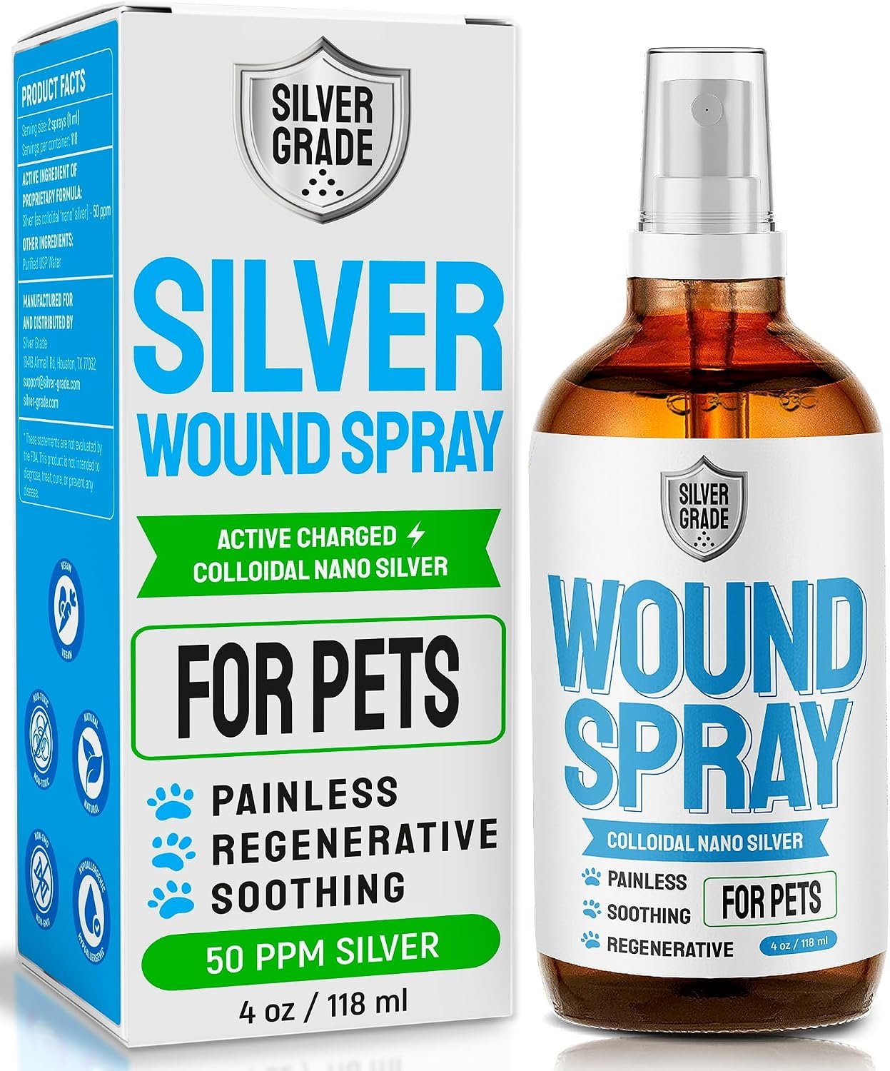 SILVER GRADE Wound Spray for Pets – Colloidal Silver Wound Care for Dogs & Cats – Helps with Skin Irritation, Hot Spots, Rashes, Scratching, Itch, Bites & Burns – Use a Dog Cone – 4 oz SILVER GRADE Wound Spray for Pets – Colloidal Silver Wound Care for Dogs & Cats – Helps with Skin Irritation, Hot Spots, Rashes, Scratching, Itch, Bites & Burns – Use a Dog Cone – 4 oz