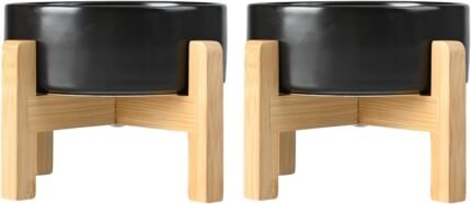 SPUNKYJUNKY Ceramic Elevated Dog Bowls 2 Pack - 8.3inch Raised Dog Bowls with Non-Slip Wooden Stand for Large Dogs Dishwasher Safe(Black,60OZ*2)