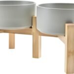 SPUNKYJUNKY Elevated Dog Bowls Ceramic, 6.1” Dogs and Cat Food Water Bowls Raised with Non-Slip Bamboo Stand for Medium Sized Breed Microwave Dishwasher Safe – 28.7 OZ,Grey