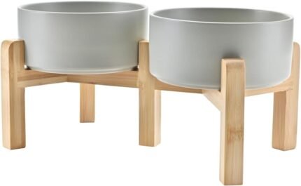 SPUNKYJUNKY Elevated Dog Bowls Ceramic, 6.1'' Dogs and Cat Food Water Bowls Raised with Non-Slip Bamboo Stand for Medium Sized Breed Microwave Dishwasher Safe - 28.7 OZ,Grey