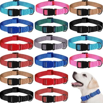 Sanwuta 18 Pcs Dog Collars Bulk Large Medium Adjustable Dog Collars 9 Colors Nylon Soft Heavy Duty Pet Collar with Buckle(Medium,Dark Color)