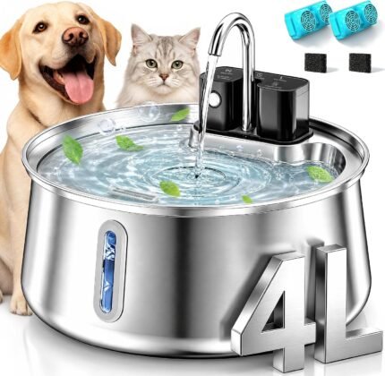 Selene Wireless Dog Water Fountain, 4L Stainless Steel Dog Water Fountain with Visual Water Level, Super Quiet Dog Water Bowl, 5-Stage Filtration Pet Water Dispenser, Easy to Clean – 4L
