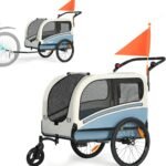 Sepnine Dog Bike Trailer, Supports up to 110 lbs, 2‑in‑1 Pet Stroller Cart Bicycle Carrier, Easy Folding Cart Frame with Quick Release Wheels, Universal Bicycle Coupler, Non‑Slip Floor, Internal Leash