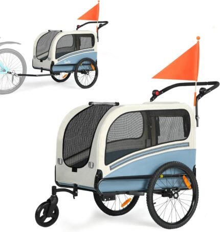 Sepnine Dog Bike Trailer, Supports up to 110 lbs, 2‑in‑1 Pet Stroller Cart Bicycle Carrier, Easy Folding Cart Frame with Quick Release Wheels, Universal Bicycle Coupler, Non‑Slip Floor, Internal Leash