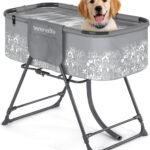 SereneLife Foldable Dog Bath Tub with Adjustable Height, 360° Access, Drain Hose & Storage Pockets – 130 lb Capacity Grooming Station for Indoor/Outdoor Use (Gray)
