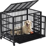 Shintenchi 48 inch Heavy Duty Crates for Large Dog, Indestructible and Escape-Proof Cage Kennel with Lockable Wheels, Double Door High Anxiety with Removable Tray, Black