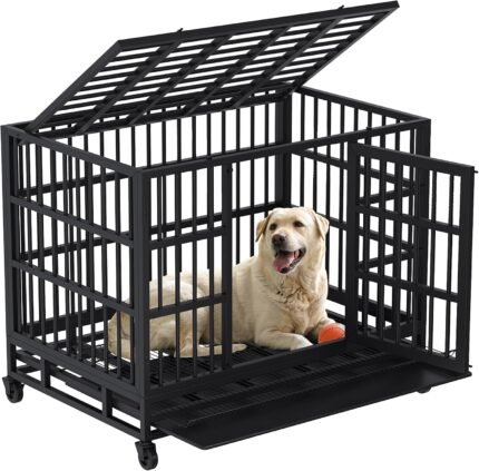 Shintenchi 48 inch Heavy Duty Crates for Large Dog, Indestructible and Escape-Proof Cage Kennel with Lockable Wheels, Double Door High Anxiety with Removable Tray, Black