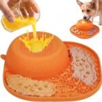 Slow Feeder Dog Bowl Lick Mat with Rolling Ball, Orange