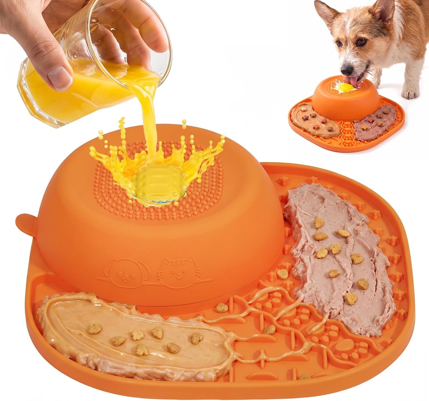 Slow Feeder Dog Bowl Lick Mat with Rolling Ball, Orange Slow Feeder Dog Bowl Lick Mat with Rolling Ball, Orange