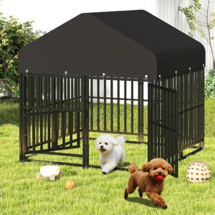 Small Dog Kennel Outdoor with Double Safety Locks 49''x47''x51'' Heavy Duty Welded Wire Steel Pet Pen Dog Enclosure with UV-Resistant Waterproof Roof