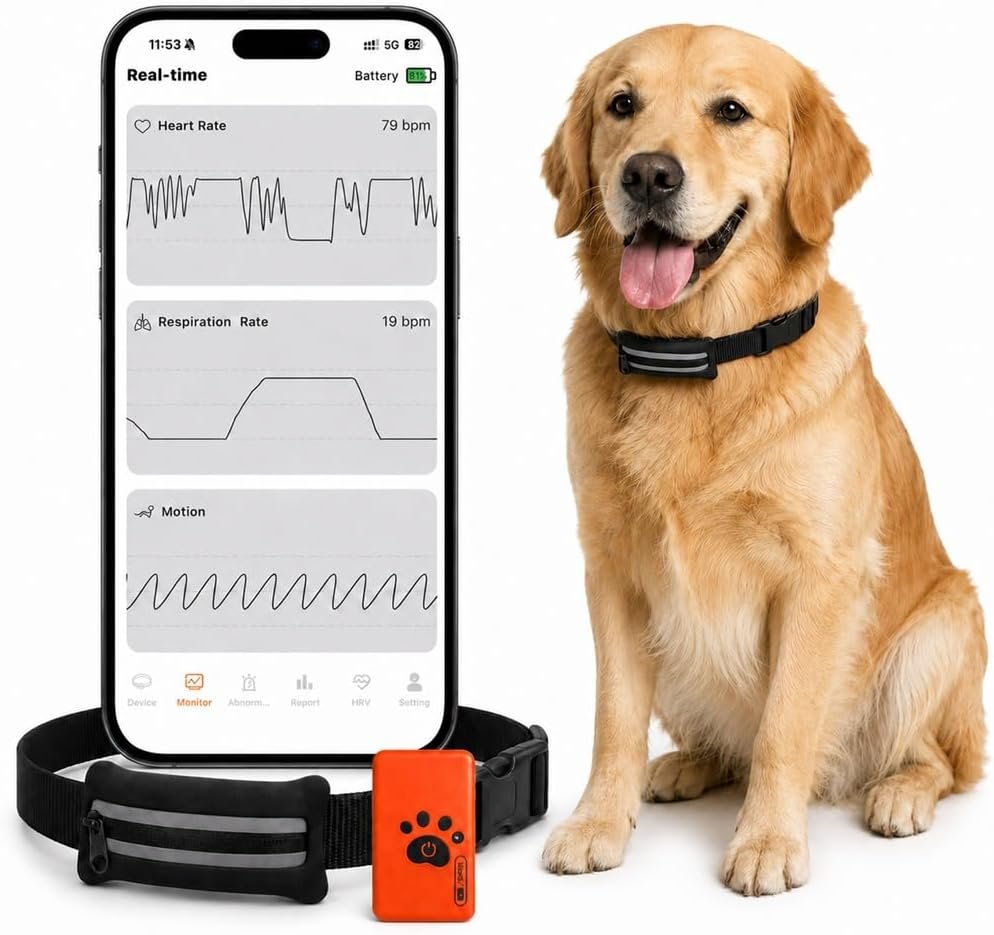 Smart Dog Health Monitor Collar, Heart Rate & Respiratory Rate Monitor, Activity & HRV Tracking, App Wellness Reports, IP67 Water Resistant, No Monthly Fee Smart Dog Health Monitor Collar, Heart Rate & Respiratory Rate Monitor, Activity & HRV Tracking, App Wellness Reports, IP67 Water Resistant, No Monthly Fee