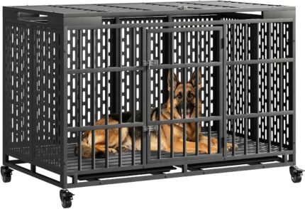 Snuowu 54 Inch Heavy Duty Dog Crate with Wheels, Metal Big Dog Cage for Large and Medium Dogs, Extra Large XL XXL Indestructible Dog Crate with Removable Tray.