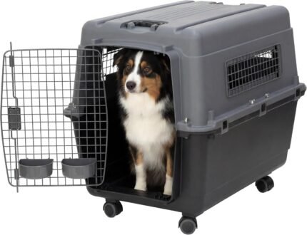 SportPet Airline Compliant LARGE 31.5″ Travel Dog Kennel- Durable Plastic Airline Pet Carrier w/ Removable Wheels & Food Bowls, Collapsible Indoor/Outdoor Dog Kennel, Dogs up to 28″L & 20″H-Dark Gray