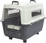 SportPet Airline Compliant LARGE 31.5" Travel Dog Kennel-Durable Plastic Airline Pet Carrier w/ Removable Wheels & Food Bowls, Collapsible Indoor/Outdoor Dog Kennel, Dogs up to 28"L & 20"H-Cream/Gray