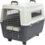 SportPet Airline Compliant LARGE 31.5″ Travel Dog Kennel-Durable Plastic Airline Pet Carrier w/ Removable Wheels & Food Bowls, Collapsible Indoor/Outdoor Dog Kennel, Dogs up to 28″L & 20″H-Cream/Gray