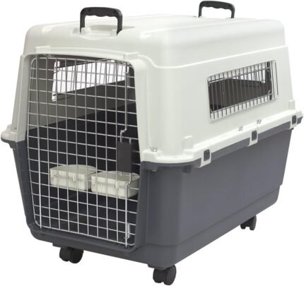 SportPet Airline Compliant LARGE 31.5″ Travel Dog Kennel-Durable Plastic Airline Pet Carrier w/ Removable Wheels & Food Bowls, Collapsible Indoor/Outdoor Dog Kennel, Dogs up to 28″L & 20″H-Cream/Gray