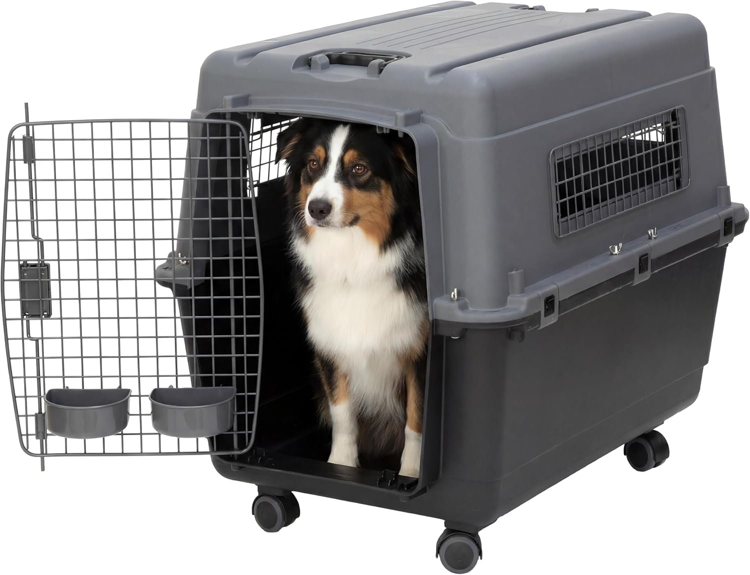 SportPet Airline Compliant LARGE 31.5″ Travel Dog Kennel- Durable Plastic Airline Pet Carrier w/ Removable Wheels & Food Bowls, Collapsible Indoor/Outdoor Dog Kennel, Dogs up to 28″L & 20″H-Dark Gray SportPet Airline Compliant LARGE 31.5″ Travel Dog Kennel- Durable Plastic Airline Pet Carrier w/ Removable Wheels & Food Bowls, Collapsible Indoor/Outdoor Dog Kennel, Dogs up to 28″L & 20″H-Dark Gray