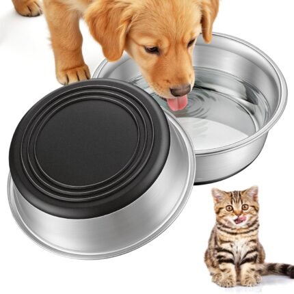 Stainless Steel Dog Bowls Set of 2, Extra Thick Metal Bowls, with Non-Slip Rubber Base Dog Bowl, BPA Free, Holds 2 Cups(16 fl oz), for Small Dogs & Cats, Black