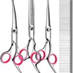 TINMARDA Dog Grooming Kit, Professional Stainless Steel Dog Grooming Scissors with Curved Shears, Pink Finger Rings – 4 Piece Sharp Durable Pet Shears for Dogs Cats At Home Salon-Quality Grooming