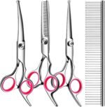 TINMARDA Dog Grooming Kit, Professional Stainless Steel Dog Grooming Scissors with Curved Shears, Pink Finger Rings - 4 Piece Sharp Durable Pet Shears for Dogs Cats At Home Salon-Quality Grooming