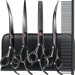 TINMARDA Dog Grooming Kit, Titanium Black Stainless Steel Dog Grooming Scissors with Curved Shears, Black Finger Rings - 5 Piece Sharp Durable Pet Shears for Dogs Cats At Home Salon-Quality Grooming