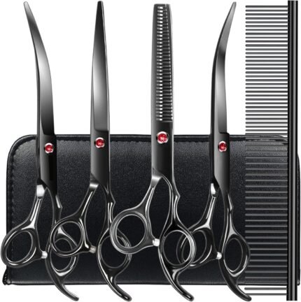 TINMARDA Dog Grooming Kit, Titanium Black Stainless Steel Dog Grooming Scissors with Curved Shears, Black Finger Rings - 5 Piece Sharp Durable Pet Shears for Dogs Cats At Home Salon-Quality Grooming
