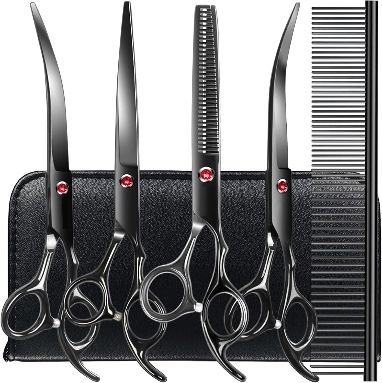 TINMARDA Dog Grooming Kit, Titanium Black Stainless Steel Dog Grooming Scissors with Curved Shears, Black Finger Rings – 5 Piece Sharp Durable Pet Shears for Dogs Cats At Home Salon-Quality Grooming TINMARDA Dog Grooming Kit, Titanium Black Stainless Steel Dog Grooming Scissors with Curved Shears, Black Finger Rings – 5 Piece Sharp Durable Pet Shears for Dogs Cats At Home Salon-Quality Grooming